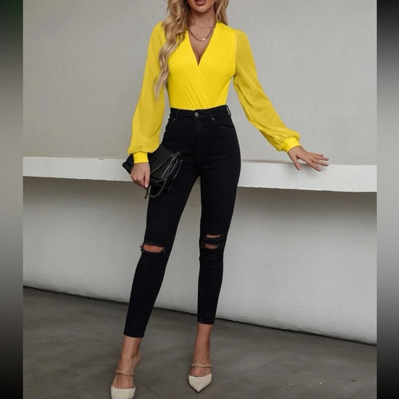 Classic Surplice Sheer Sleeve Bodysuit - Picture 5 of 15